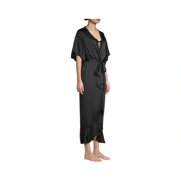 Free People Moonbeams  Lace Trim Satin Robe | Black | Size Small | NWT - Picture 5 of 13